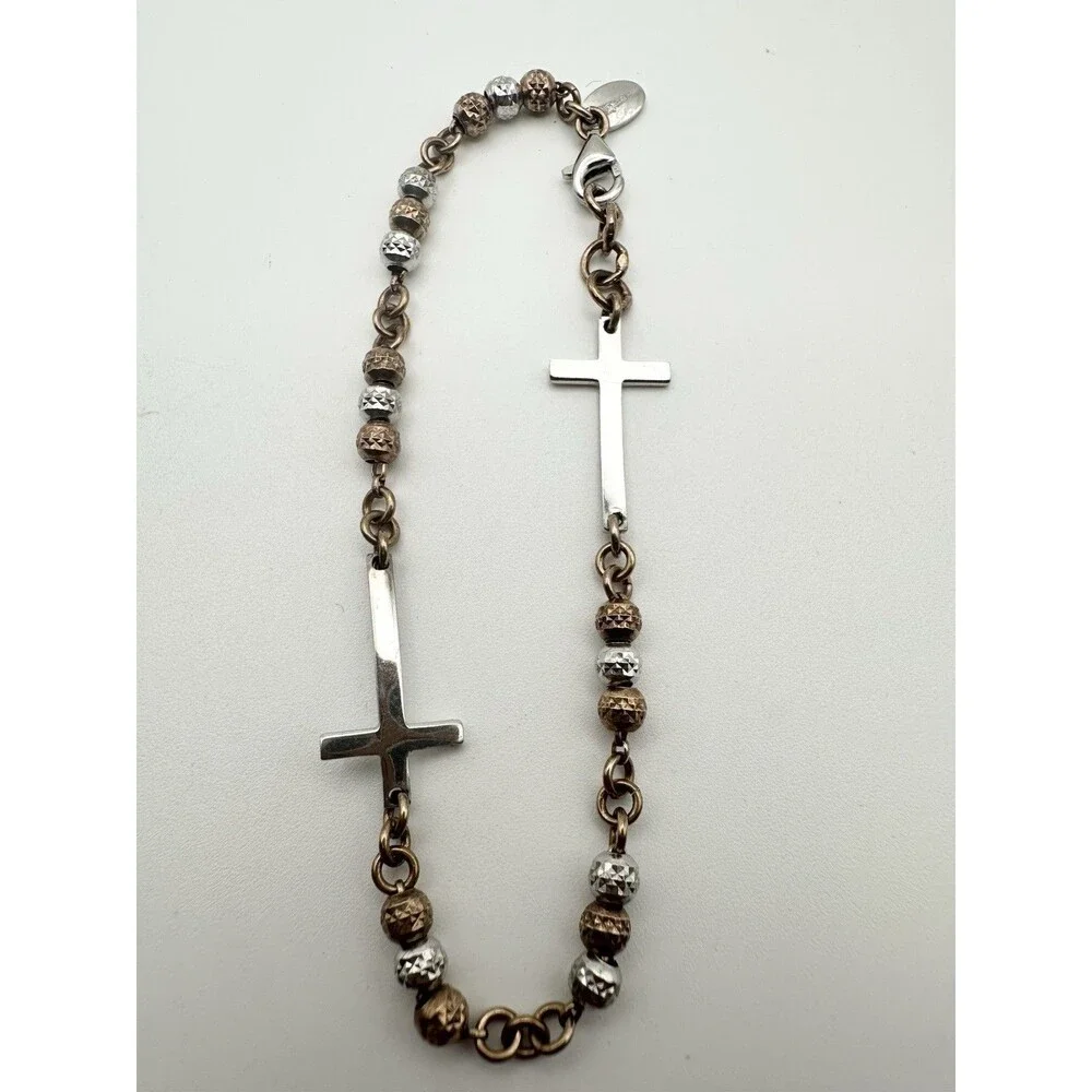 Dyadema Sterling Silver Rose Gold Hammered Bead Cross Charm Bracelet 7.75”